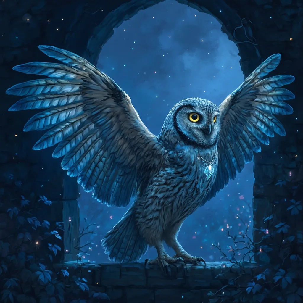 Prompt: fantasy owl with blue wings in a castle tower window with a diamond necklace night