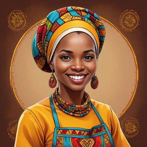 Prompt: African maid logo with traditional attire, vibrant colors, intricate detailing, high-resolution, digital painting, warm tones, welcoming smile, colorful headscarf, embroidered apron, authentic cultural representation, professional artwork, natural lighting