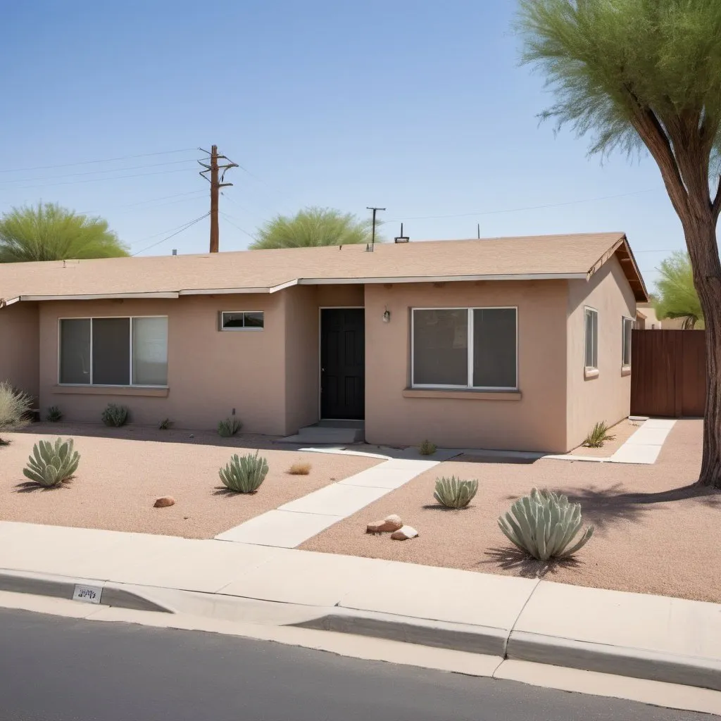 Prompt: Imagine a pair of ((( slightly sloped roofs one-story duplexes))), separated, located in Arizona desert build in the 1940s, each has a door and window on the face of each unit. They have scored brick like exterior. provide floor level en face view. recently remodeled with new windows and modern palate paint. light color walls and dark doors paint color