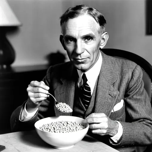 Prompt: Henry Ford with a bowl of cereal

