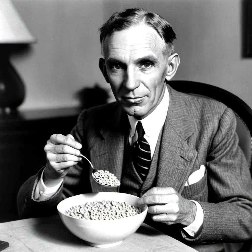 Prompt: Henry Ford with a bowl of cereal

