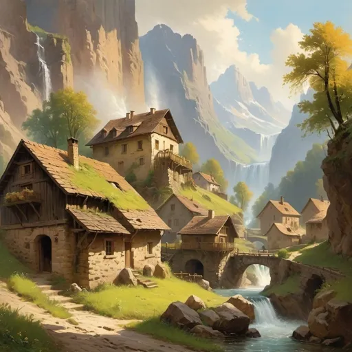 Prompt: Painting in style of Carl Spitzweg a mountain village on a sunny day happy mood with waterfall