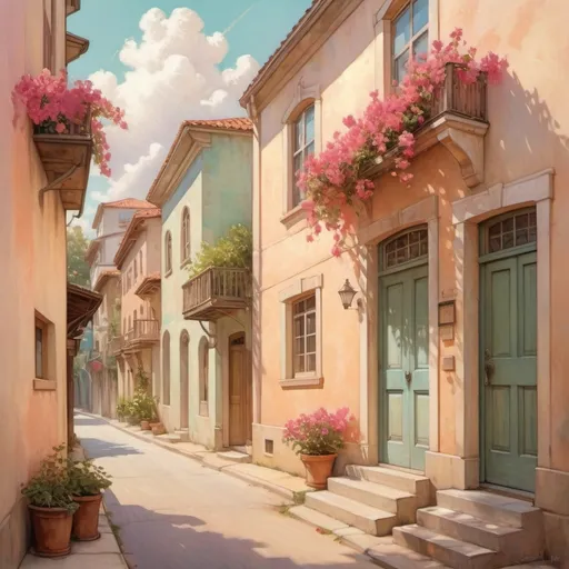 Prompt: Narrow, sunlit streetscape reveals a charming corner of a rustic town, where soft pastel-colored buildings rise against a vast sky streaked with white clouds. A figure, dressed in casual attire, stands by a light-colored wall, seemingly engaged with the surroundings, while the muted green shutters of nearby windows add a touch of vintage elegance. In the background, a white bicycle is parked along the winding road, contributing to the serene, everyday ambiance. The gentle curve of the street draws the eye toward the distinct architectural features, enhancing the warm, inviting feel of this quaint locale. The scene conveys a peaceful atmosphere, capturing a moment of stillness in a lively neighborhood.  bougainvillea