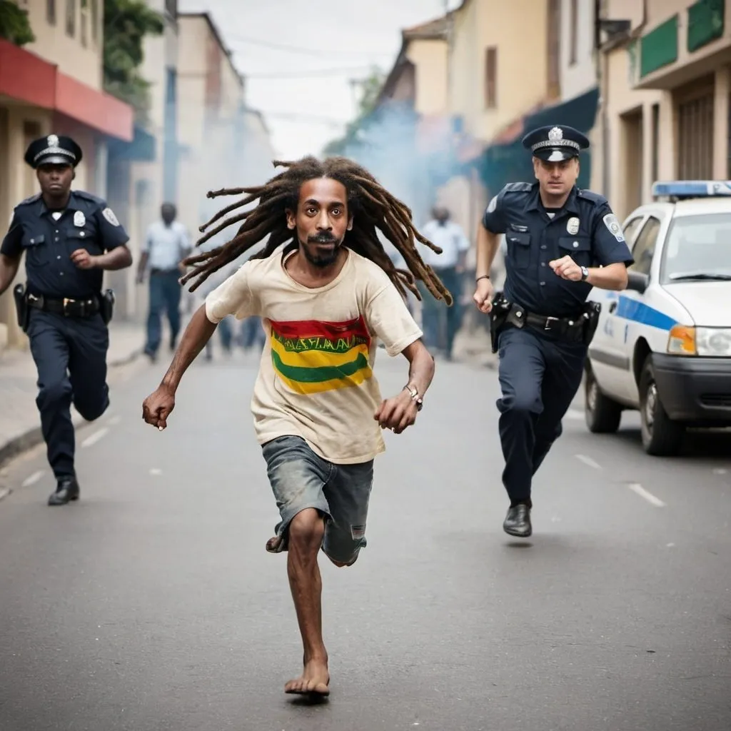 Prompt: Small rastaman in the street running from the police 