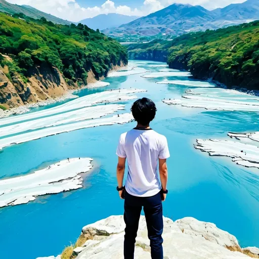 Prompt: A strong young man, standing on a high mountain, photographed from behind, in front of him are blue rivers, Anime Studio ghilbi,He wears white 