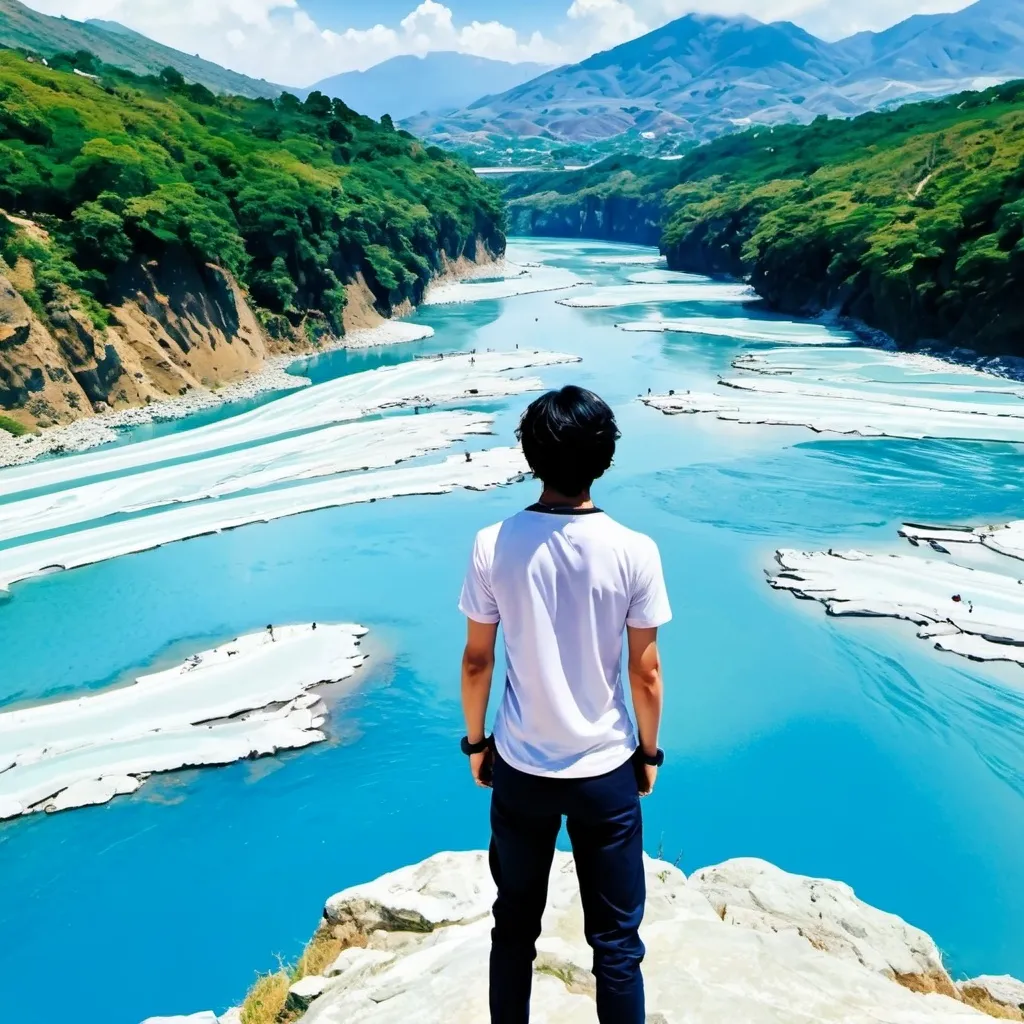 Prompt: A strong young man, standing on a high mountain, photographed from behind, in front of him are blue rivers, Anime Studio ghilbi,He wears white 