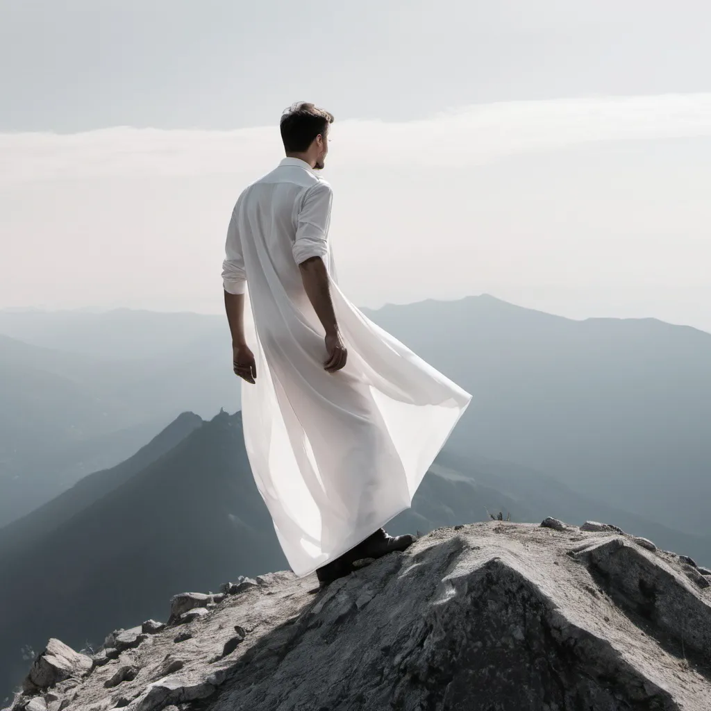 Prompt: Man at the top of the mountain. He wears a white dress. 