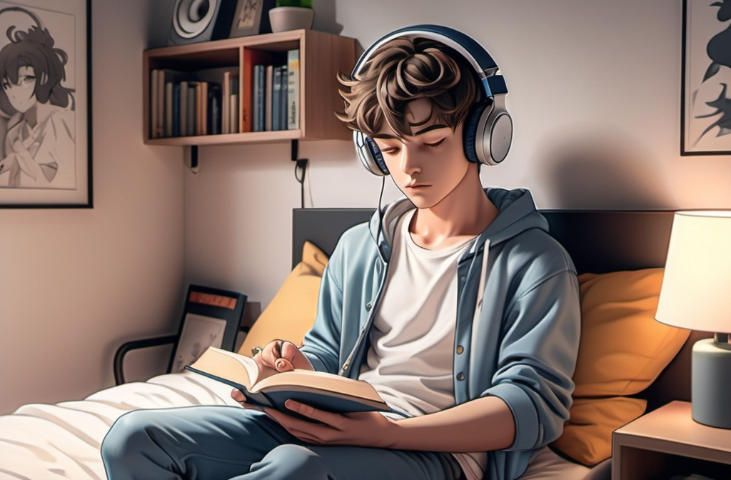 Prompt: A quiet young man listening  music, with bluetooth headphones, in the bedroom, learning with a book in his hand, anime stile, studio MAPPA. 