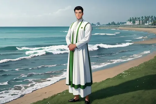 Prompt: A handsome young man standing in front of the sea with green grass around him, wearing a white Islamic dress 