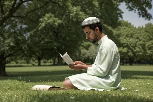 Prompt: A young man under a green tree, surrounded by green grass and a green plateau, reading the Qur’an and wearing a white dress 