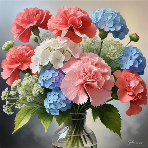 Prompt: Beautiful, vibrant bouquet of carnation, baby's breath, hydrangea, geranium and viscaria flowers, realistic oil painting, delicate petals and intricate stamens, high quality, vibrant colors, realistic lighting, Mother's Day gift, oil painting, detailed floral arrangement, soft pastel tones, lifelike, professional artistry