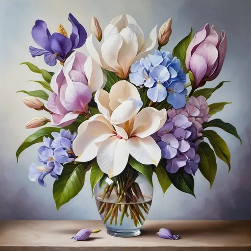 Prompt: Beautiful, vibrant bouquet of magnolia, hydrangea, and iris flowers, realistic oil painting, delicate petals and intricate stamens, high quality, vibrant colors, realistic lighting, Mother's Day gift, oil painting, detailed floral arrangement, soft pastel tones, lifelike, professional artistry