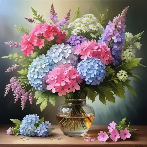 Prompt: Beautiful, vibrant bouquet of heather, hydrangea, geranium and Daisy flowers, realistic oil painting, delicate petals and intricate stamens, high quality, vibrant colors, realistic lighting, Mother's Day gift, oil painting, detailed floral arrangement, soft pastel tones, lifelike, professional artistry