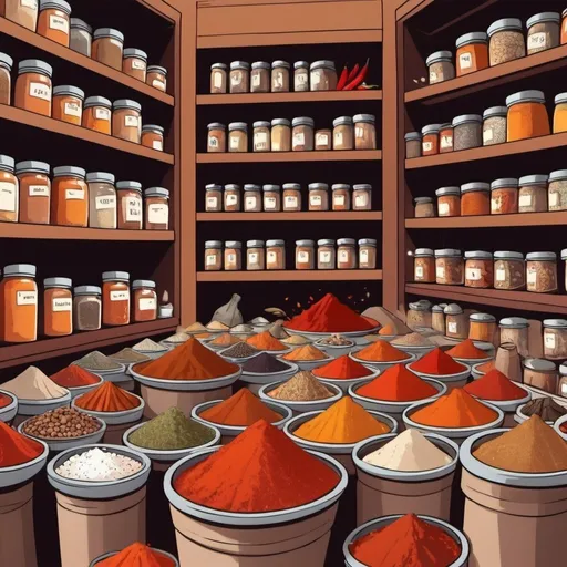 Prompt: Spice market, Chaos around - shelves overturned, spices scattered, cartoon style