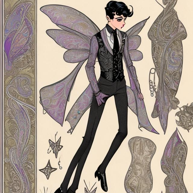 Prompt: Stylish young male fairy who designs 1920s fashion and wears a paisley suit. 