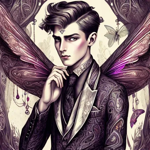 Prompt: Stylish young male fairy designing 1920s fashion, wearing a paisley suit, high-end digital illustration, intricate paisley patterns, elegant and vibrant color palette, detailed wings with iridescent shimmer, magical and sophisticated atmosphere, best quality, highres, detailed illustration, fantasy, vintage, paisley suit, fairy, elegant design, vibrant colors, intricate details, magical atmosphere