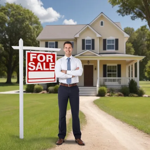 Prompt: Create an image of a real estate agent standing in front of a For Sale sign in country setting.
