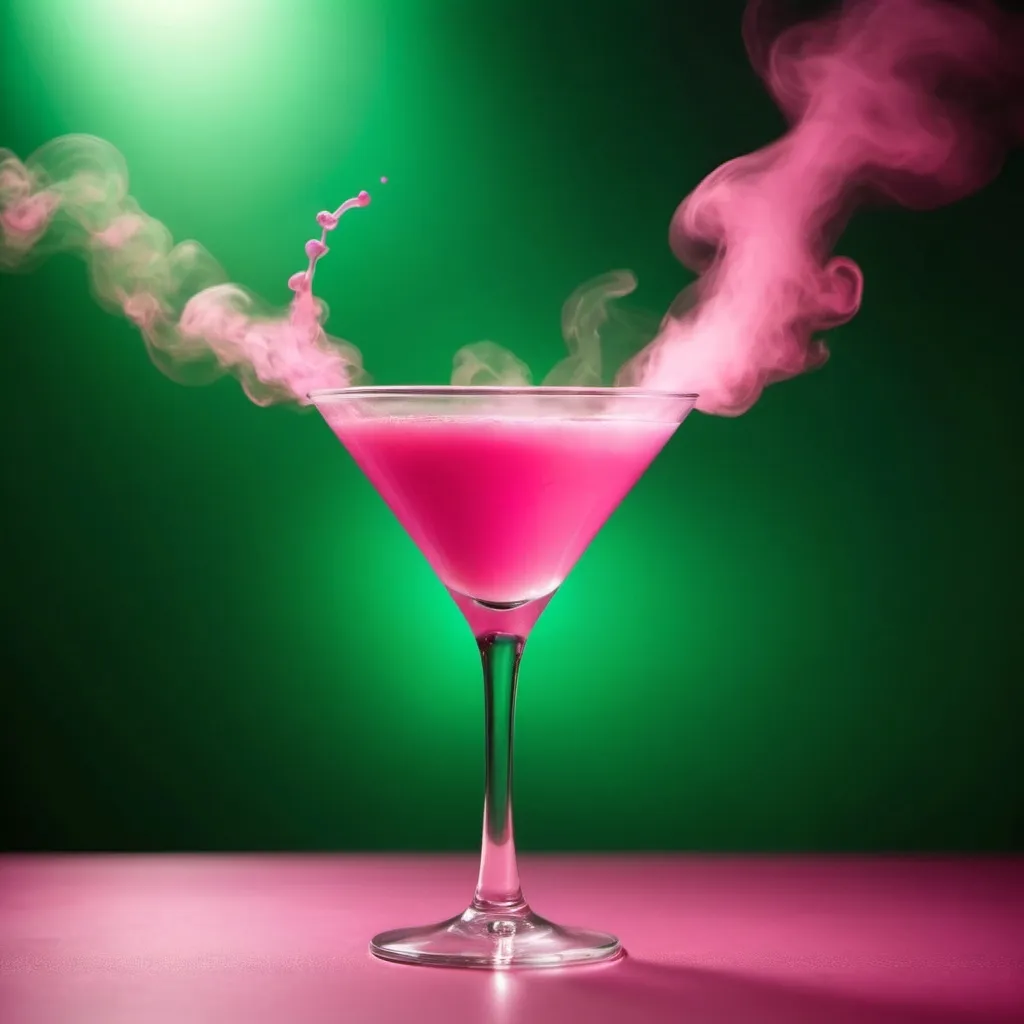 Prompt: pink drink (with the energy of love and faint steam that has a heart inside), environment with warm colors, enchanting, captivating, stunning lighting in a green environment