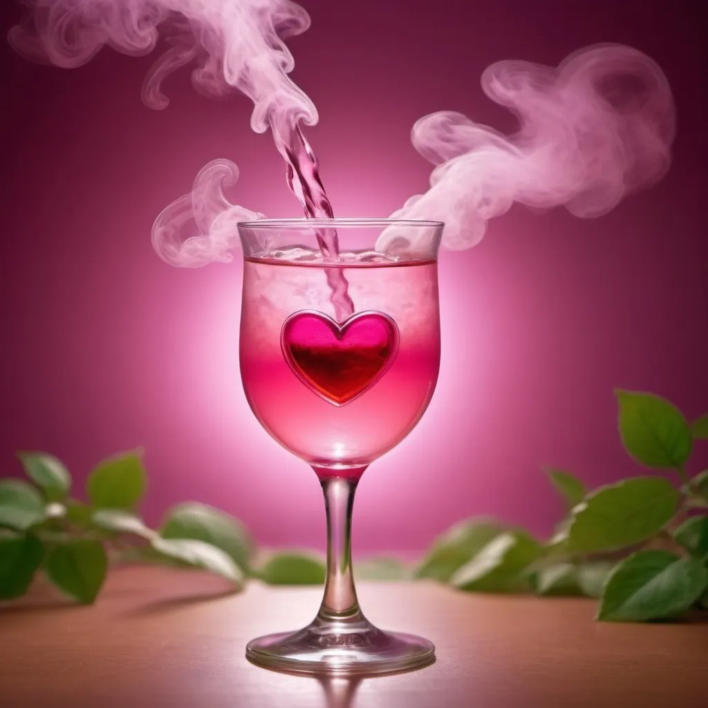 Prompt: pink drink (with the energy of love and faint steam that has a heart inside), environment with warm colors, enchanting, captivating, stunning lighting in a green environment