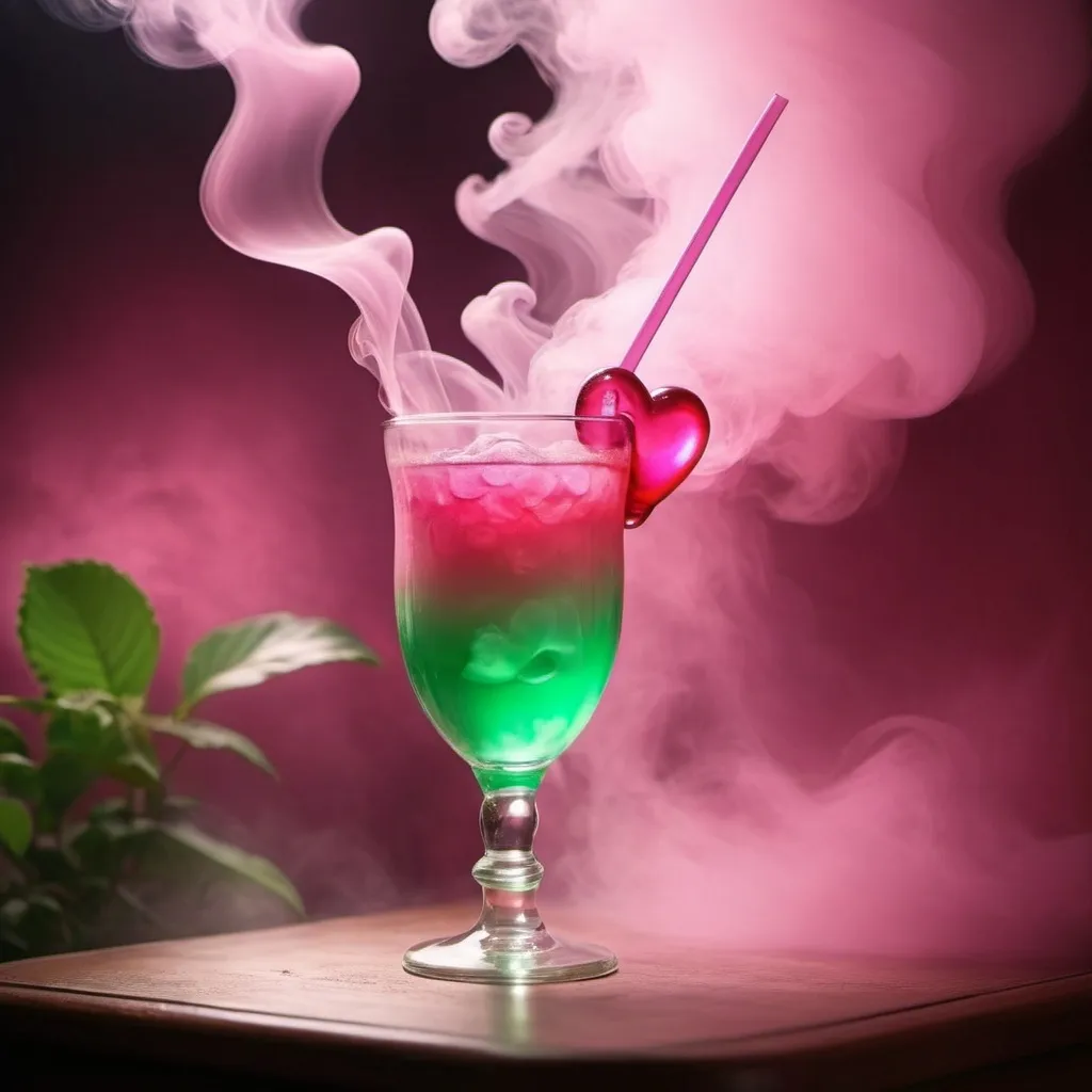 Prompt: pink drink (with the energy of love and faint steam that has a heart inside), environment with warm colors, enchanting, captivating, stunning lighting in a green environment