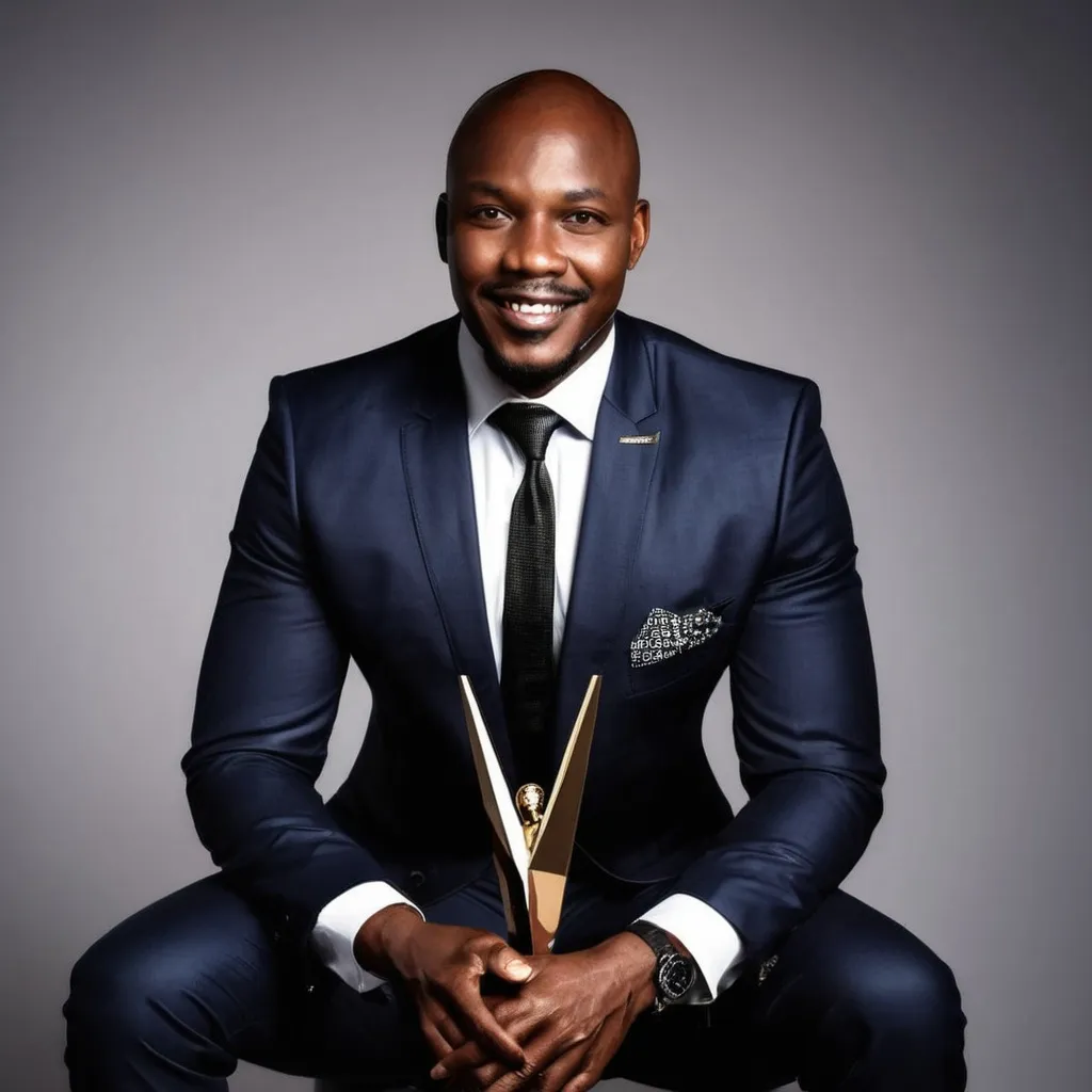 Prompt: Can you help me create a New Prompt which will best describe the Mzansi Men of Influence Awards. I want it to show Black Strong Men Seated or a Black Man receiving an Award