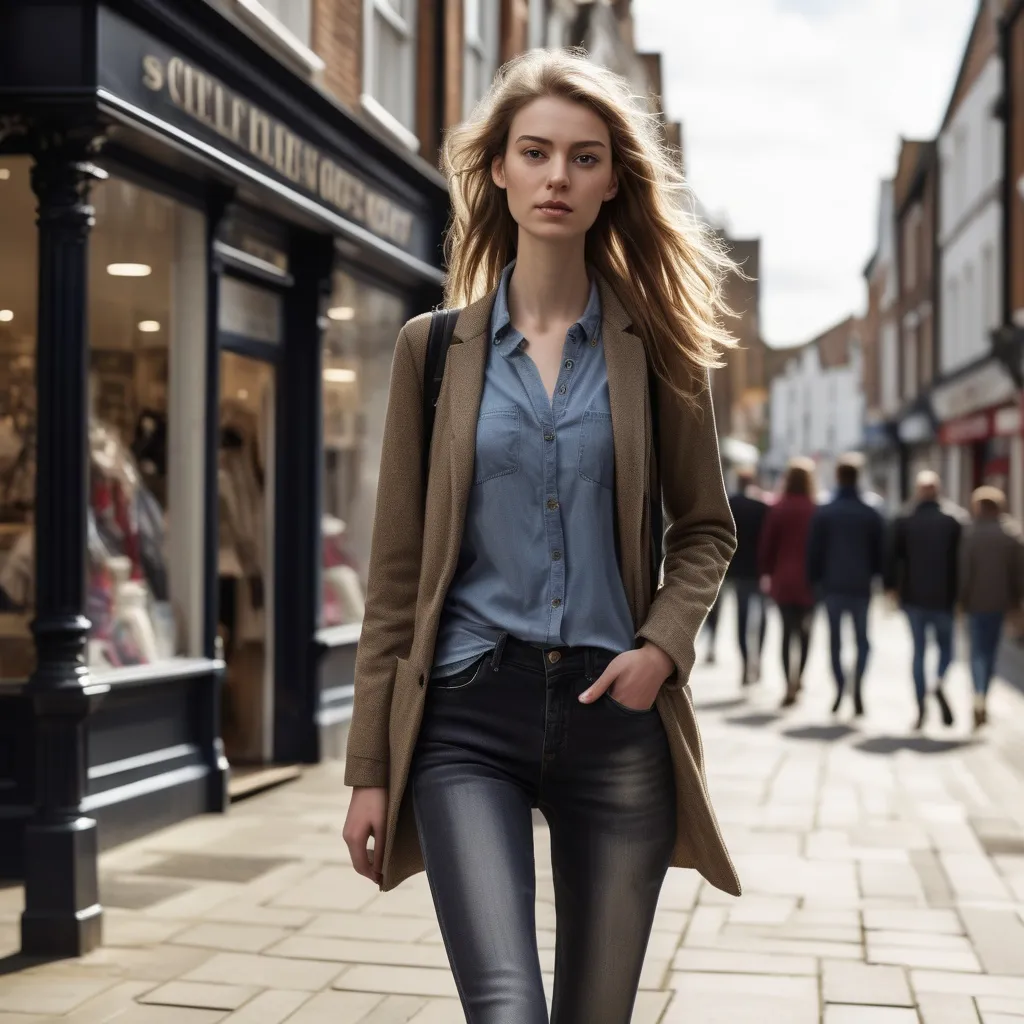 Prompt: Tall young woman walking down the high street, detailed clothing, realistic, natural lighting