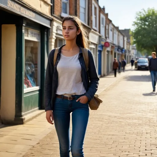 Prompt: Tall young woman walking down the high street, detailed clothing, realistic, natural lighting