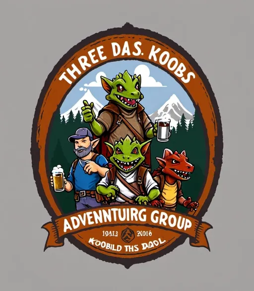 Prompt: A tshirt for a brewing company called "Three Dads and a Kobold Adventuring group"