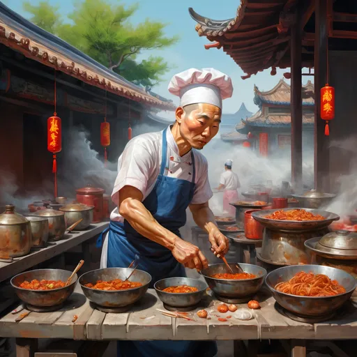 Prompt: digital oil painting, chinese cook working hard in a Chinese foodstal near the road, intrinsic details, trending on ArtStation, by Fang Lijun