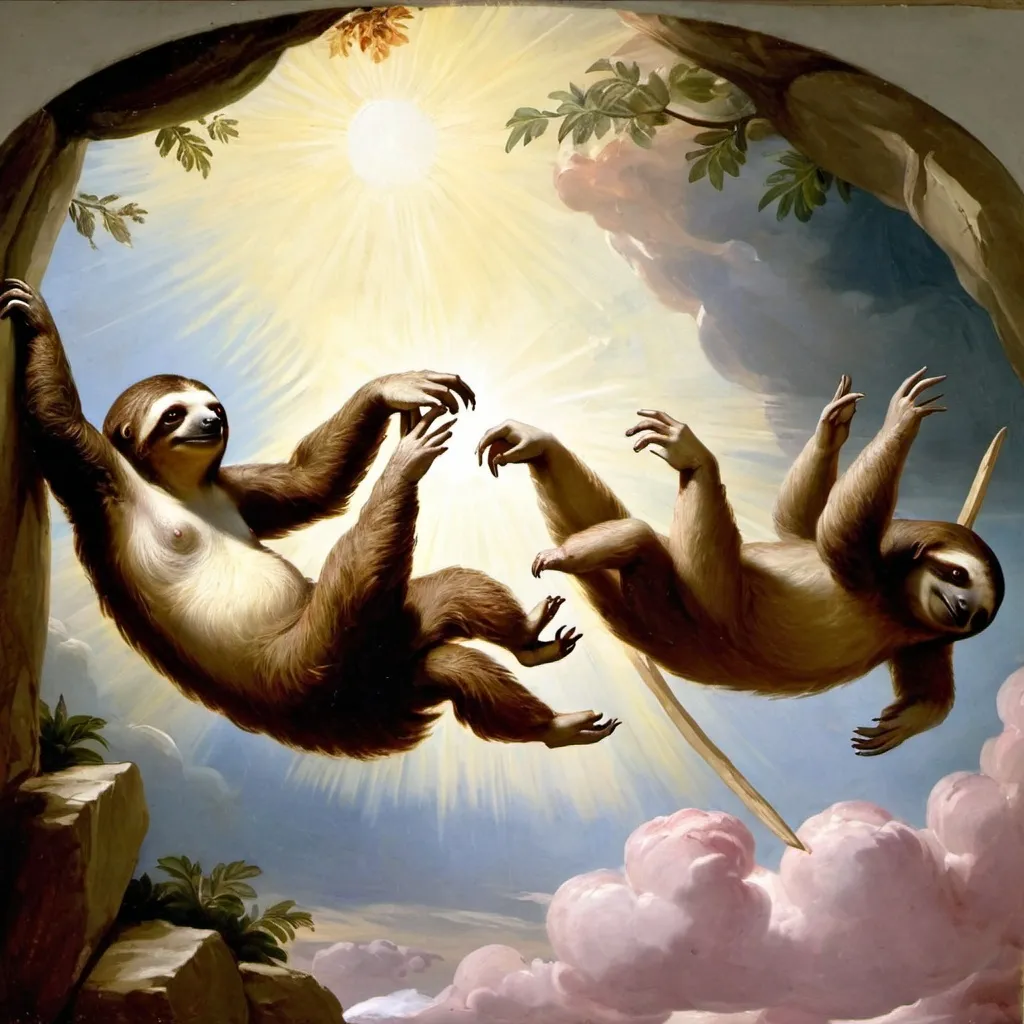 Prompt: Two sloths instead god and adam in the famous painting "the creation of adam"