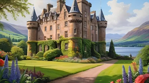 Prompt: Castle in Scotland with blooming garden, lush greenery, majestic architecture, high definition, realistic, oil painting, serene atmosphere, vibrant colors, natural lighting, detailed textures, historic, romantic setting, picturesque landscape, grandeur, traditional, Scottish, garden flowers, tranquil, peaceful ambiance, majestic flying creatures in background