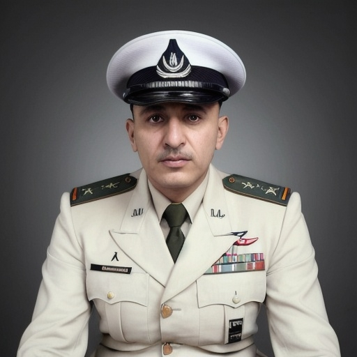 Prompt: a man in a military uniform sitting down with a microphone in his hand and a white wall behind him, Abdullah Gërguri, mannerism, vfx, a character portrait