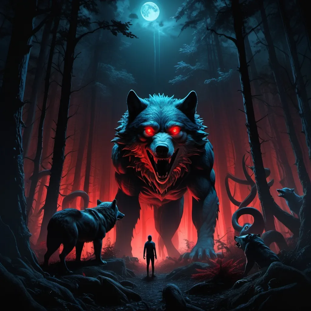 Prompt:  an image of a person standing in a dense, dark forest at night, surrounded by their fears manifesting as wild animals. The scene is eerie, with wolves, snakes, dragons, and a bear, all coming towards the person. The animals are clearly visible in the dark, but their eyes glow with intense, supernatural colors like red and blue, adding to the sense of danger. The person, dressed in simple clothes, stands frozen in fear but is determined to face these creatures. The forest is dense with towering trees and thick mist, casting shadows that enhance the ominous atmosphere. The sky is dark, filled with a faint glow from the moon, and the air feels heavy with tension.”