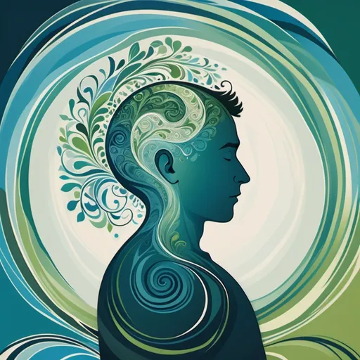 Prompt: Create an image that represents a book titled 'The Unraveling ADHD.' The cover should evoke a sense of personal discovery and focus, blending elements of mindfulness and mental health. The background can feature abstract swirls or patterns to symbolize the complexities of ADHD, with calming colors like blues and greens to represent mindfulness. Include a central figure, either a person meditating or in a thoughtful pose, surrounded by scattered puzzle pieces, illustrating the challenge of putting thoughts together. The title 'The Unraveling ADHD' should be bold, clear, and professional, positioned prominently.