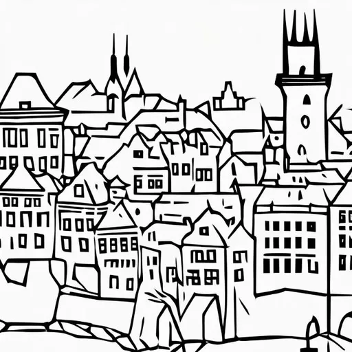 Prompt: create a clipart that would represent a city walk in prague
 for german students (as our project at school) black and white

