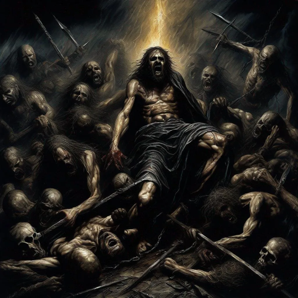 Prompt: Job's agony biblical story rendered as a metal band's album cover, dark and gritty, detailed depiction of suffering, biblical imagery, intense and chaotic composition, high contrast, heavy metal album cover, oil painting style, dark and moody tones, dramatic lighting, intricate details, epic and grandiose, high quality, detailed suffering, metal album, biblical, oil painting, dramatic composition, chaotic, dark tones, moody lighting