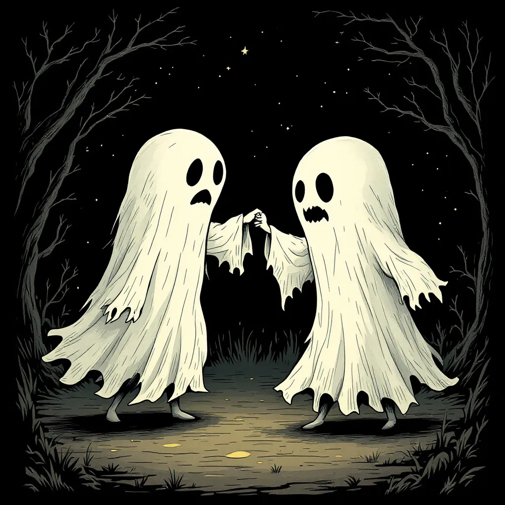 Prompt: two ghost besties are dancing holding each other's hand