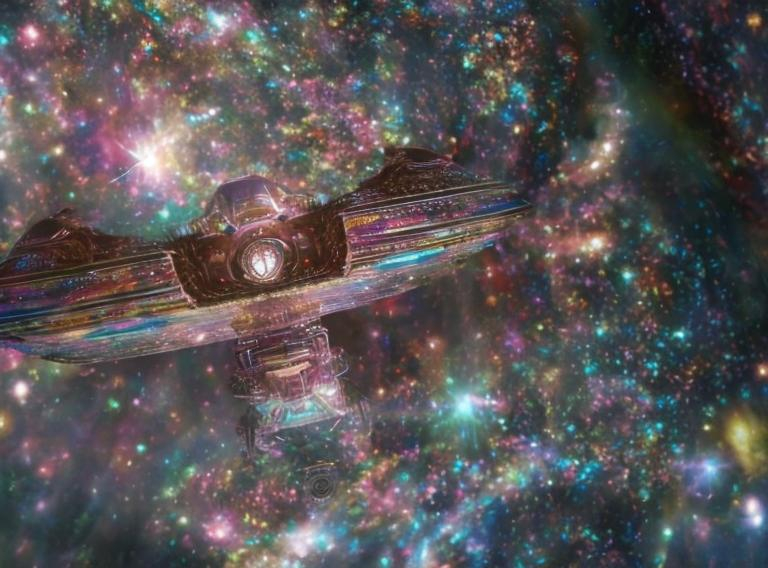 Prompt: alien spaceship in a colorful starry space