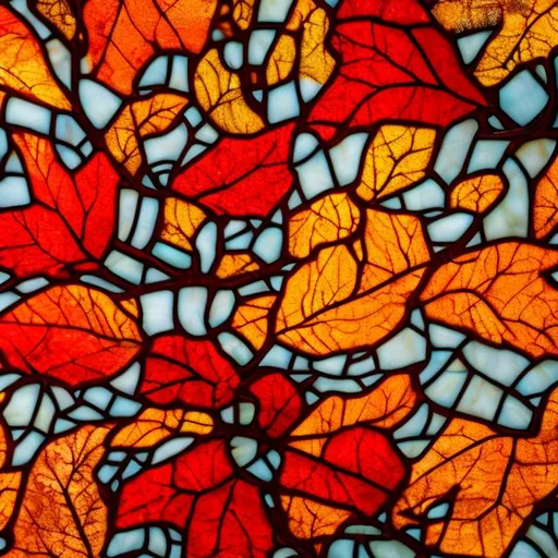 Prompt: 4k hyper-detailed image, vivid and colorful, autumn fall leaves orange red yellow, stained glass, 3d, light interplay