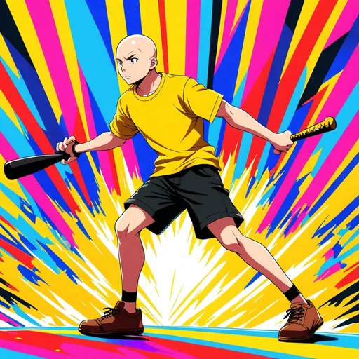 Prompt: Anime boy, (bald), wearing a (bright yellow T-shirt) with a (black zigzag pattern), styled in (black shorts) and (brown shoes), confidently holding a (baseball bat), against a dynamic backdrop, featuring a vibrant and colorful atmosphere, high-detail, ultra-detailed, energetic mood, anime-inspired graphic style, bold colors, cohesive composition.