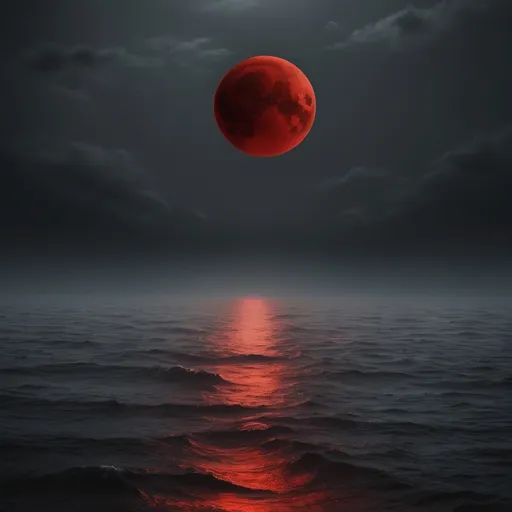 Prompt: a blood red moon sinking into a tumultuous grey ocean 
