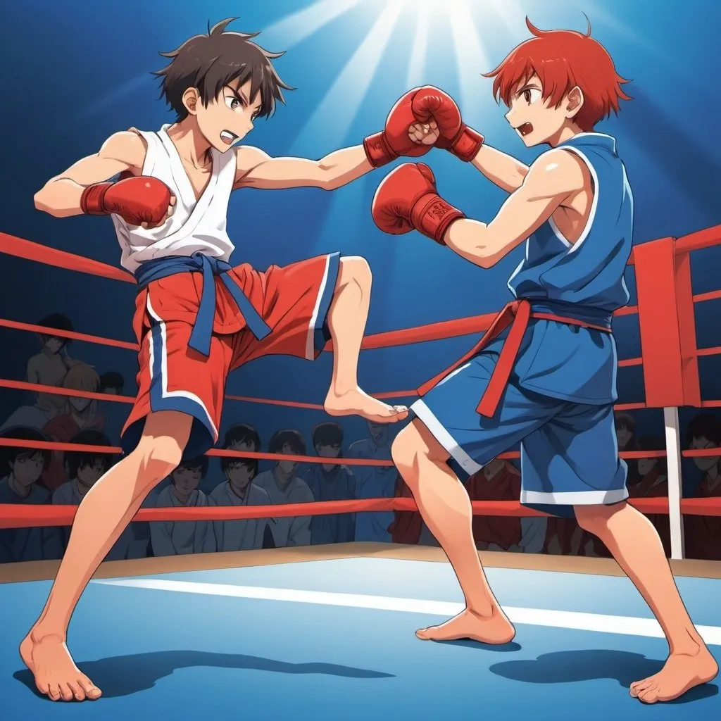 Prompt: Anime-style illustration of a spirited fighting tournament scene, barefoot young combatants and red corner knockoff the blue corner, two boys