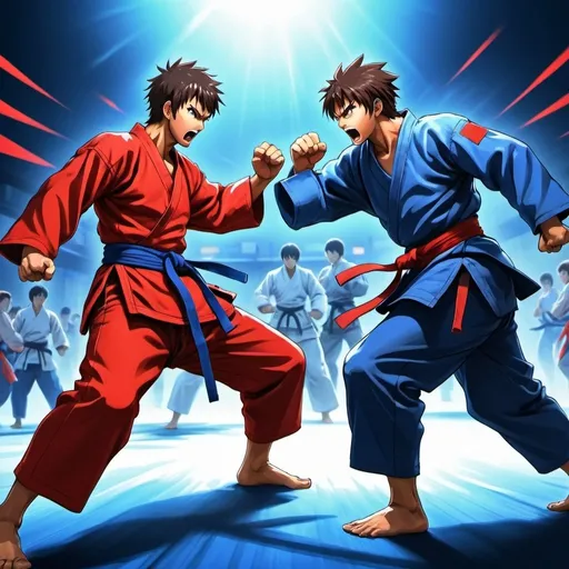 Prompt: Anime-style illustration of a spirited fighting tournament scene, barefoot combatants in red and blue corners, dynamic action poses, intense expressions, detailed anime eyes, dramatic lighting, high-quality, detailed, anime, martial arts, dynamic poses, intense expressions, dramatic lighting, spirited atmosphere, barefoot combatants, red vs blue