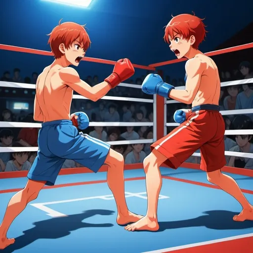 Prompt: Anime-style illustration of a spirited fighting tournament scene, barefoot young combatants and red corner knockoff the blue corner, two boys, licking foot