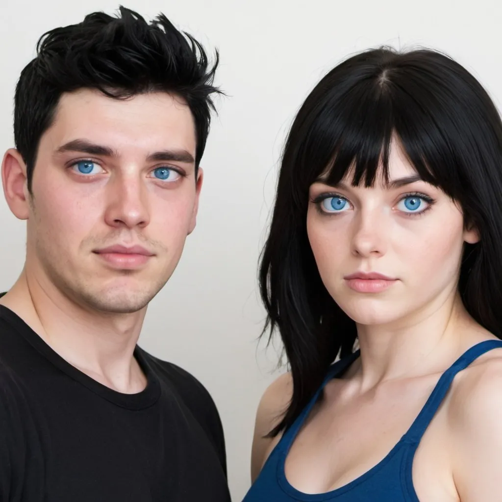 Prompt: Black hair, blue eyes, skinny Man and Black hair Black eyes fat woman