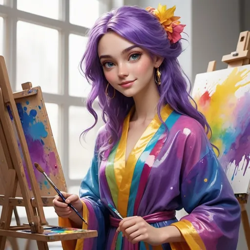 Prompt: Appearance: A friendly, youthful figure with soft, rounded features. Wears a colorful robe with paint splashes in purple, blue, and gold.
Hair: Rainbow-colored, flowing gently, with a slight shimmer.
Eyes: Big and expressive, changing color with the story’s mood.
Accessories: Holds a glowing, golden paintbrush.
Personality: Friendly, imaginative, and playful, with a gentle, melodic voice.
Setting: A vibrant, animated art studio filled with easels and brushes.