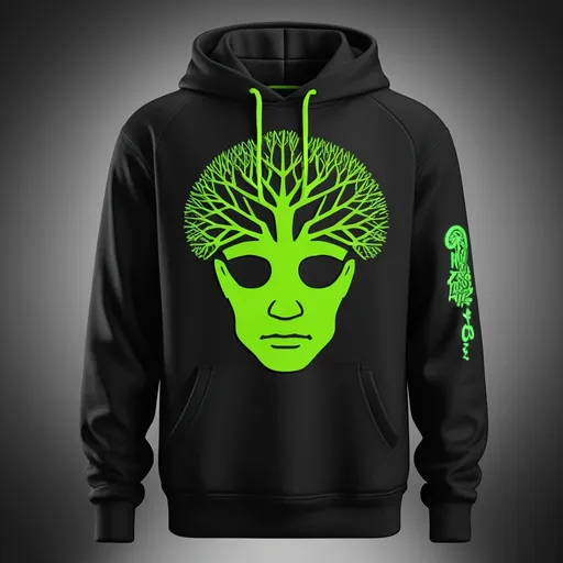 Prompt: Create 3d  hoodies with a design of a tree shaped in form of a human head with taper fade. The patch is neon in colour