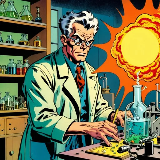 Prompt: A mad scientist in a lab, in the style of Jack Kirby and Wally Wood, 1940s vintage comic, faded colors