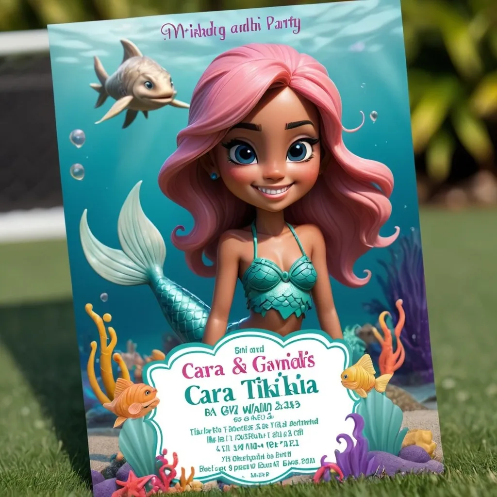 Prompt: Can you generate me an A5 Birthday party invite for a 5 year old who loves mermaids. The invite needs to be attractive. The name of the birthday girl is Cara and the wording on the invite must include the date of the party on 16th September 2024 at 1700hrs. also to include that Parents can wait for the children. The Location of the party Tiki Taka at San Gwann Football Pitch