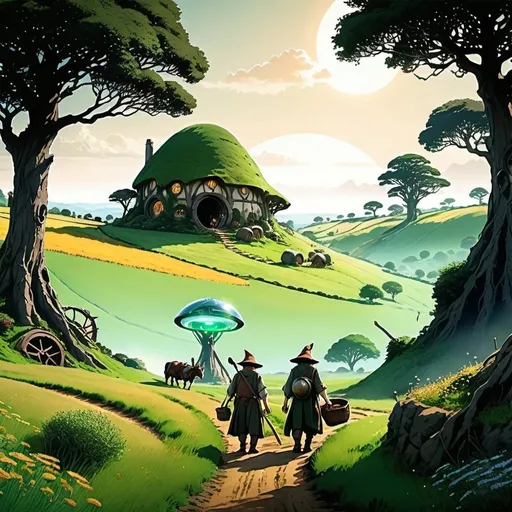 Prompt: An image of futuristic hobbits working in fields in a mixed style of lord of the rings and studio ghibli. make the setting the shire in the distant future when society is technologically advanced. 